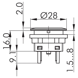 Leuchtdrucktaster 1S, Einbau-Ø 22,3mm, Flachstecker , Technische Zeichnung