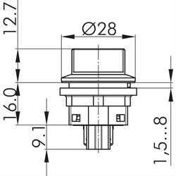 Wahltaster rastend 2S, Schaltwinkel 90°, Einbau-Ø 22,3mm, Flachstecker , Technische Zeichnung