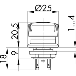 Not-Halt-Taster 2Ö/1S, Einbau-Ø 16,2mm, Flachstecker , Technische Zeichnung