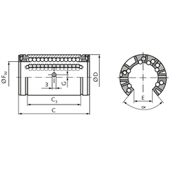 Linearkugellager KB-3-O ISO-Reihe 3 offen, mit Fluchtungsfehlerausgleich, Easy-Line, Technische Zeichnung