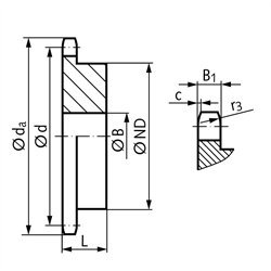 Kettenräder KRG gehärtet mit einseitiger Nabe, 20 B-1, Teilung 1 1/4 x 3/4'', Technische Zeichnung