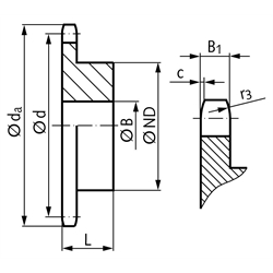 Kettenräder KRR Edelstahl, mit einseitiger Nabe, 05 B-1, Teilung 8mm, Technische Zeichnung