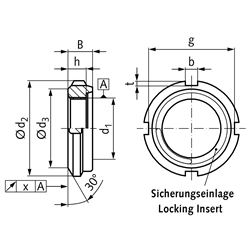 Nutmuttern UW mit Sicherungseinlage, Stahl blank, Technische Zeichnung