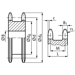Doppel-Kettenräder ZREG für zwei Einfach-Rollenketten 06 B-1, Technische Zeichnung